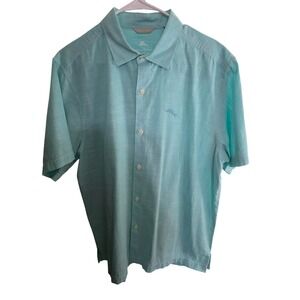 Tommy Bahama Men's 100% Cotton Camp Shirt L Aqua Blue Textured Slub Marlin Logo